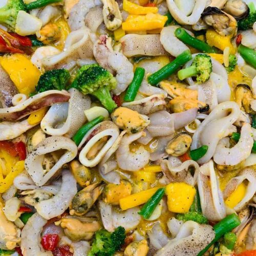 Meeresfrüchte mit Frosta Gemüse Curry Kokos gemeinsam anbraten