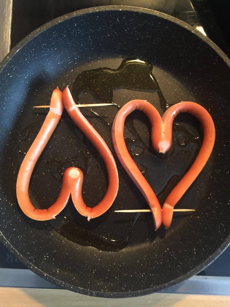 A Recipe Breakfast for Valentine`s Day. How To Cook Heart Shaped Sausages  with Scrambled Eggs. Set Photo 01 of 3 Stock Photo - Image of diet, fried:  168542486