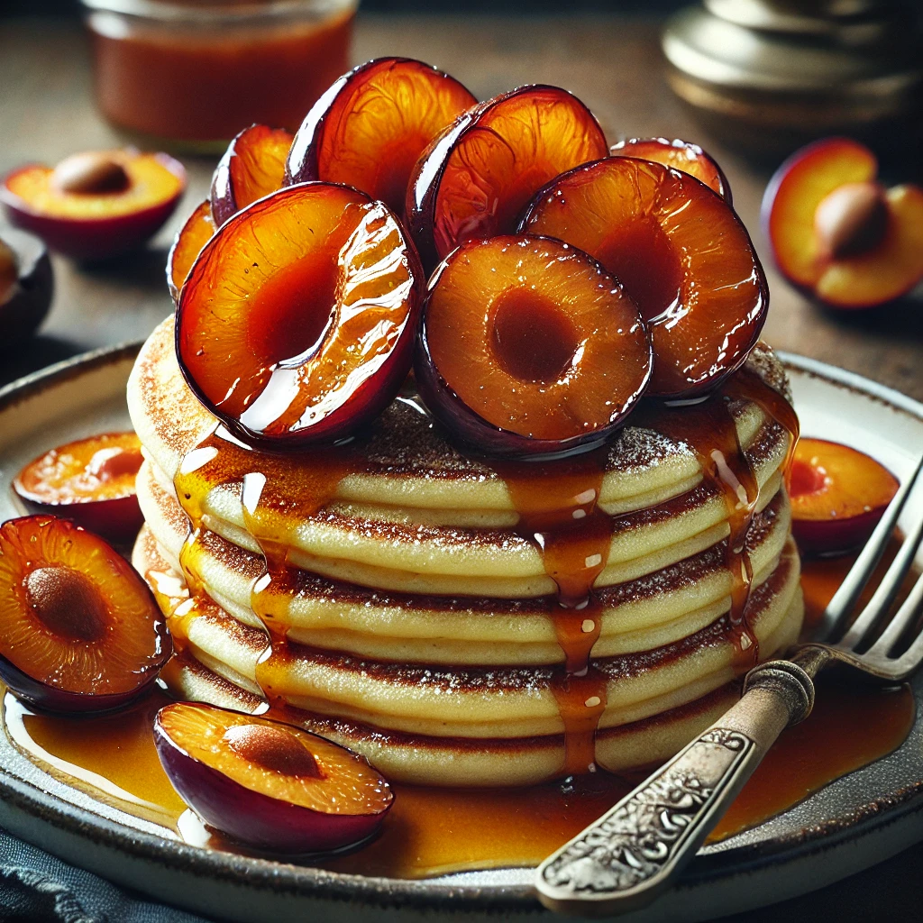 Pfannkuchen mit karamellisierten Zwetschgen